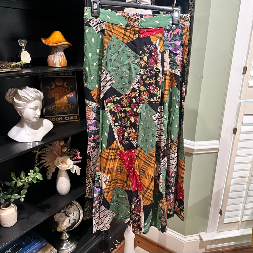 Vanity Fair Patchwork Midi Skirt — Green, Black, Red, Gold